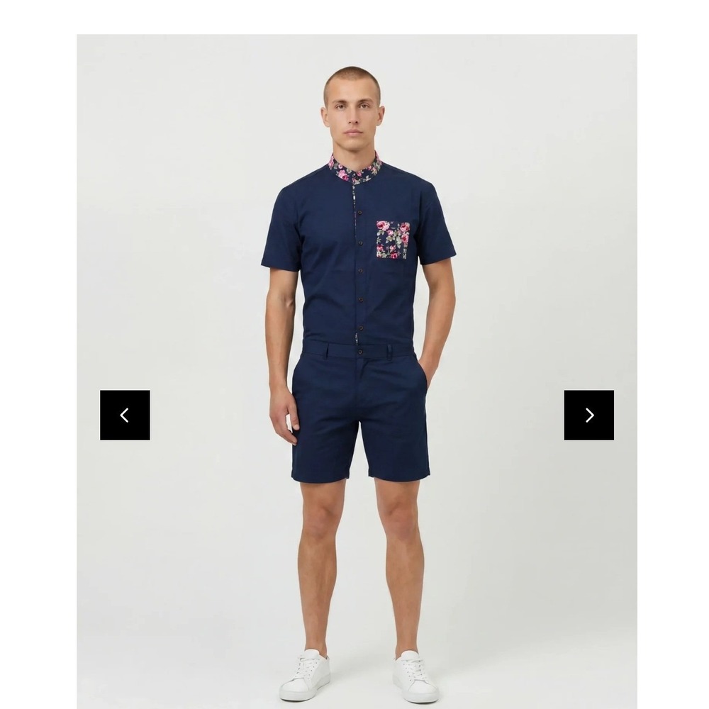Romperjack Mens Navy Rose Navy Blue Floral Accent Short Sleeve Romper Size L